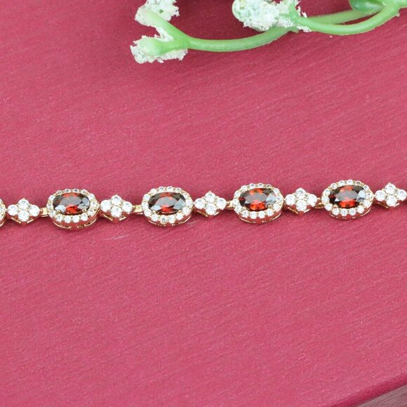 "Rose Gold Plated Red Oval Stone Bracelet with White Accents, XPBL0778 - Picture 5 of 11